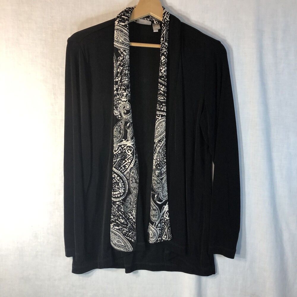 Traveler's Chico's Size 1 Black Open Front Top w White Paisley Trim Long Sleeve